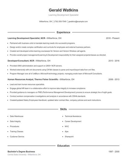 Learning Development Specialist Resume