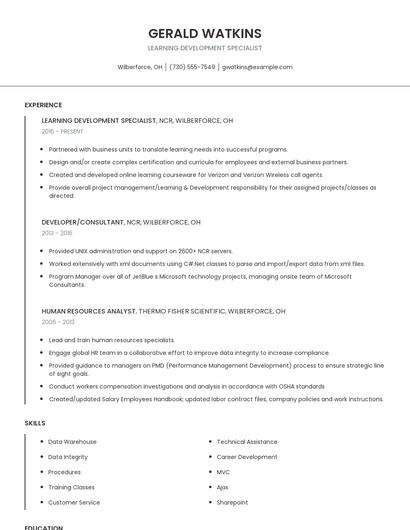 Learning Development Specialist Resume
