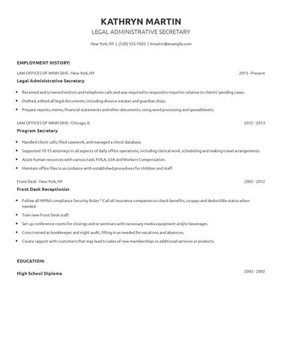Legal Administrative Secretary Resume