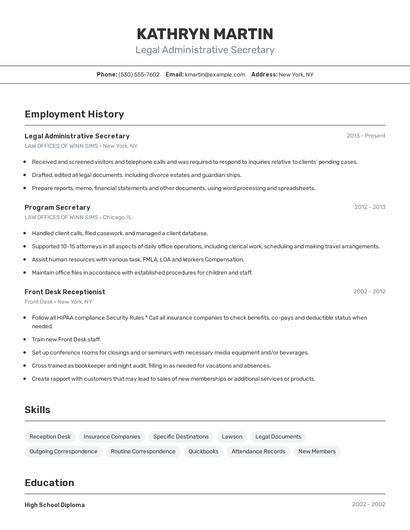 Legal Administrative Secretary Resume