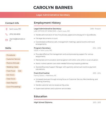 Legal Administrative Secretary Resume