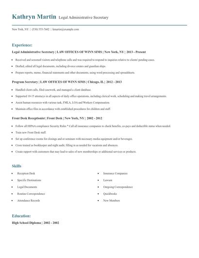 Legal Administrative Secretary Resume