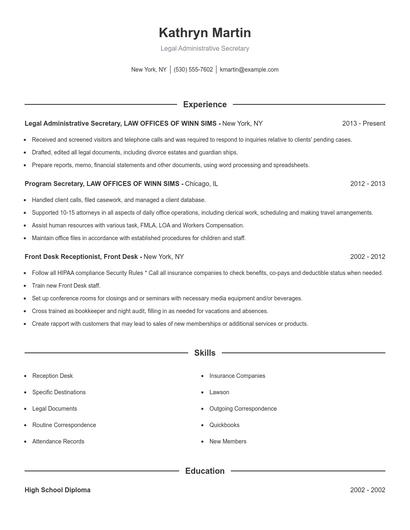Legal Administrative Secretary Resume