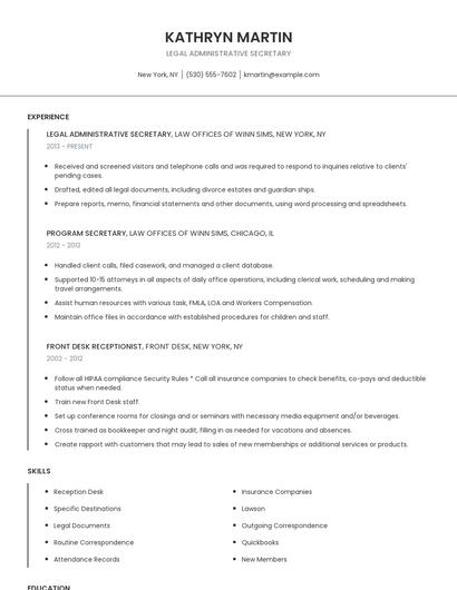 Legal Administrative Secretary Resume