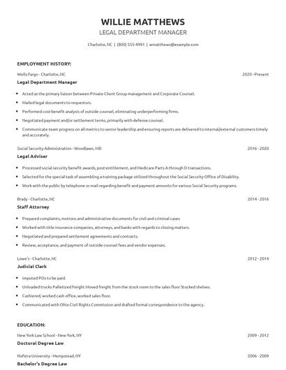 Legal Department Manager Resume