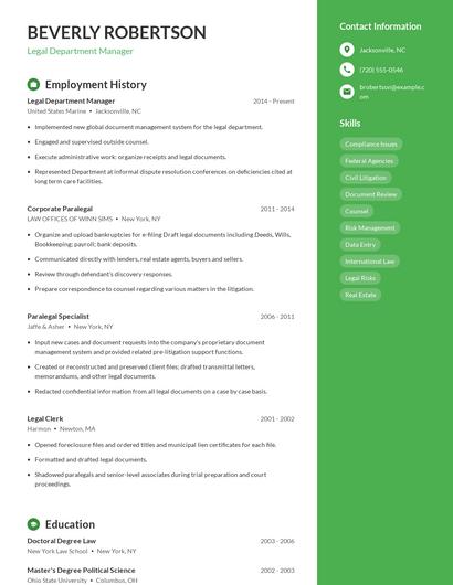 Legal Department Manager Resume