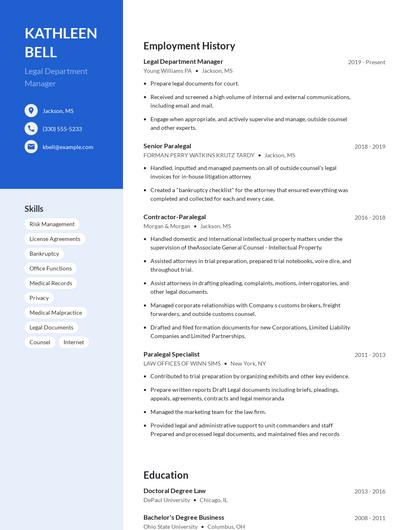 Legal Department Manager Resume