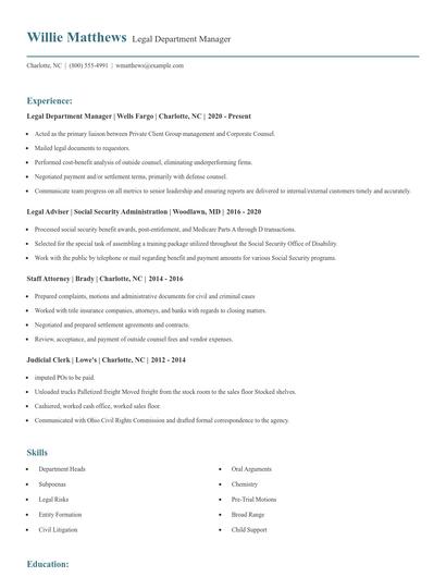 Legal Department Manager Resume
