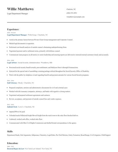 Legal Department Manager Resume