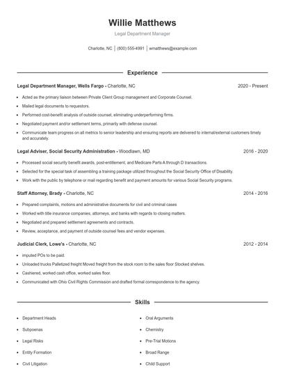 Legal Department Manager Resume