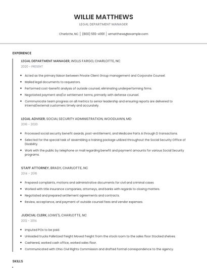 Legal Department Manager Resume