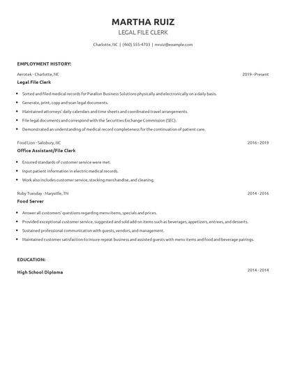 Legal File Clerk Resume