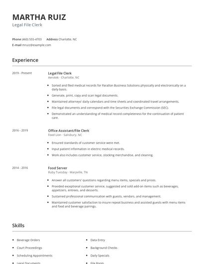 Legal File Clerk Resume