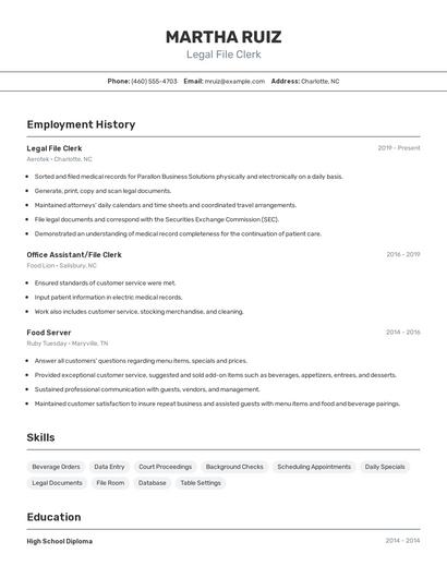 Legal File Clerk Resume