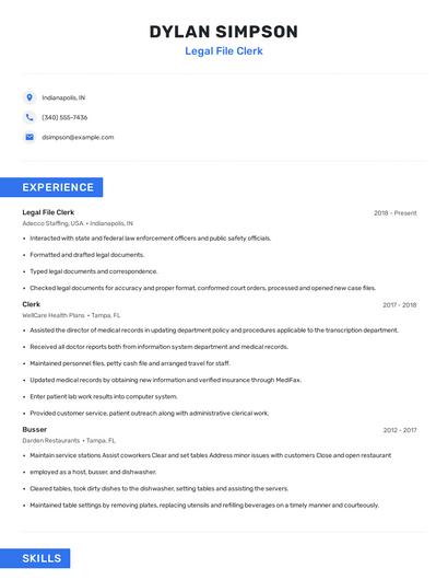 Legal File Clerk Resume