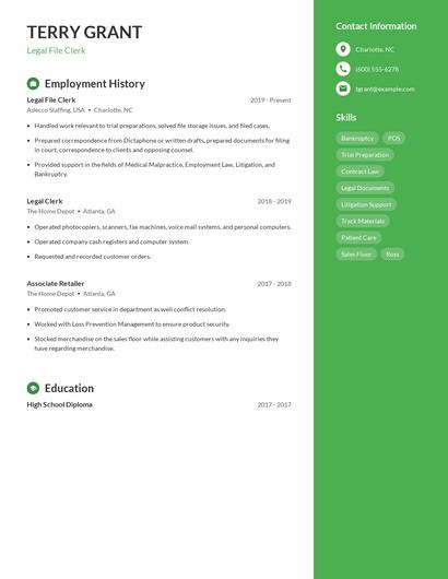 Legal File Clerk Resume
