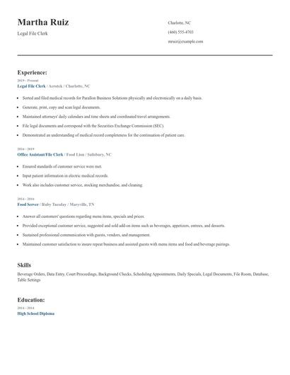 Legal File Clerk Resume