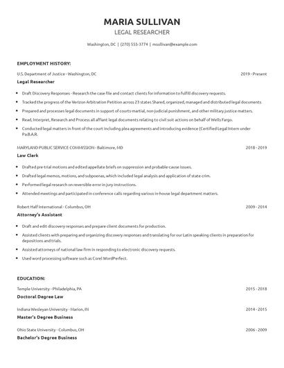Legal Researcher Resume