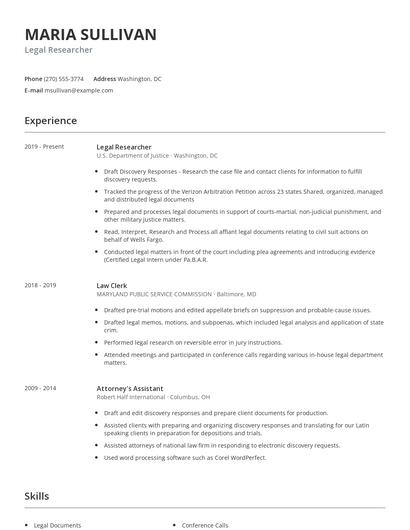 Legal Researcher Resume
