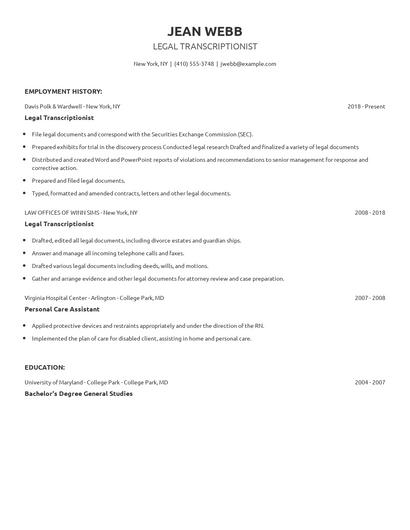 Legal Transcriptionist Resume