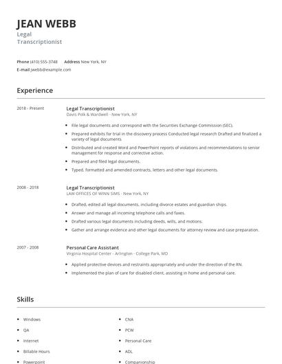 Legal Transcriptionist Resume