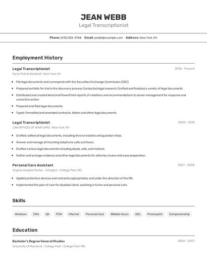 Legal Transcriptionist Resume