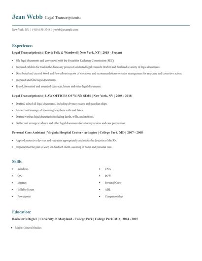 Legal Transcriptionist Resume