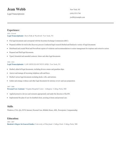 Legal Transcriptionist Resume