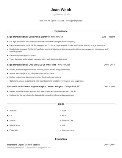 Legal Transcriptionist Resume