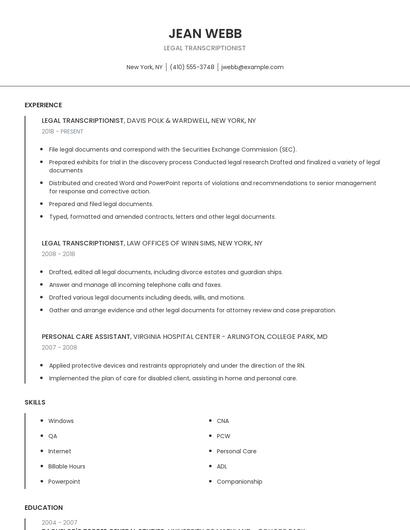 Legal Transcriptionist Resume