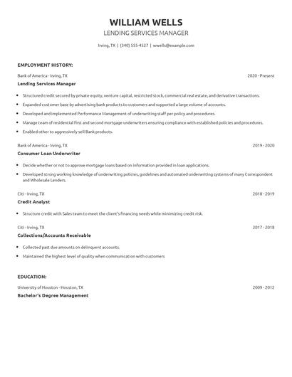 Lending Services Manager Resume