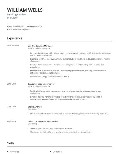 Lending Services Manager Resume