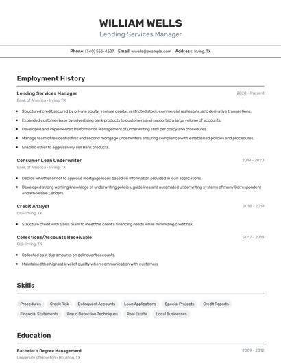 Lending Services Manager Resume