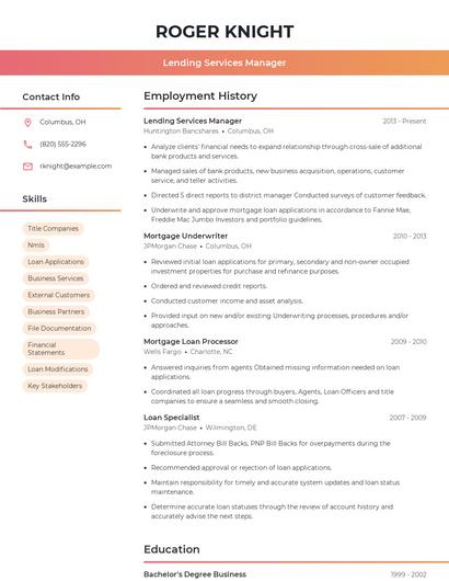 Lending Services Manager Resume