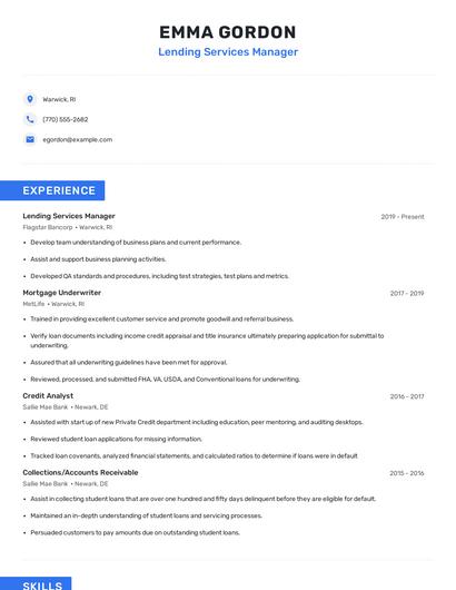 Lending Services Manager Resume