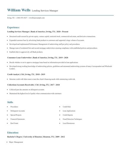 Lending Services Manager Resume