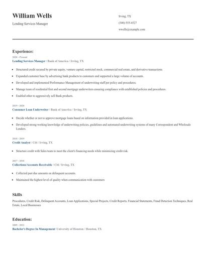 Lending Services Manager Resume