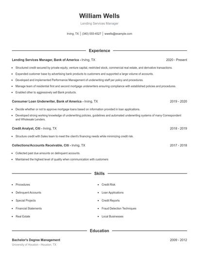 Lending Services Manager Resume