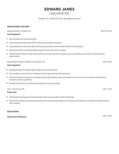 Lens Inspector Resume