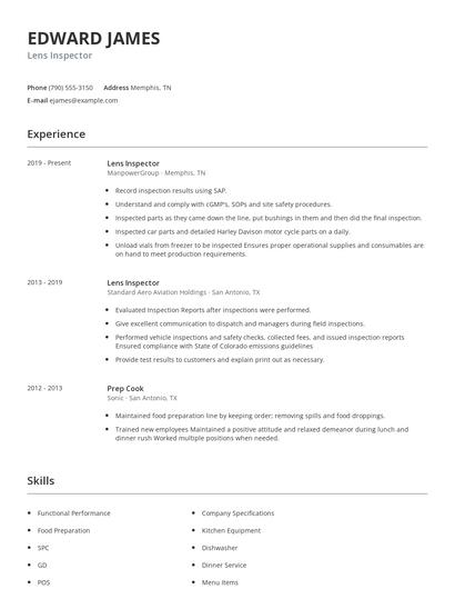 Lens Inspector Resume
