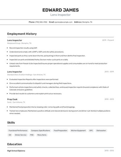 Lens Inspector Resume