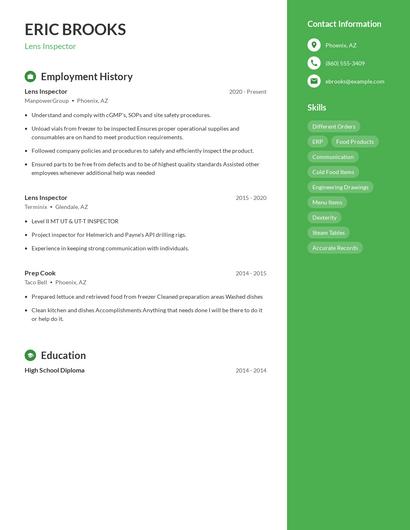 Lens Inspector Resume