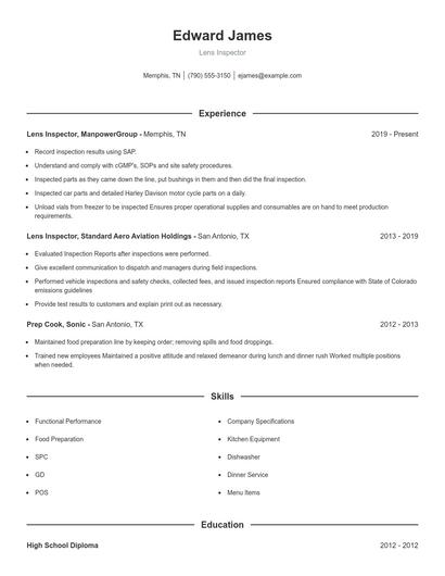 Lens Inspector Resume