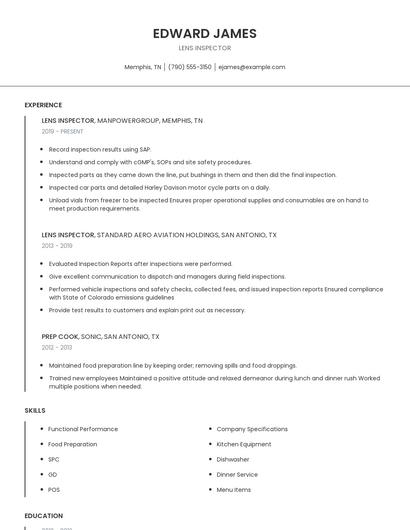 Lens Inspector Resume