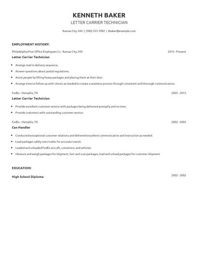 Letter Carrier Technician Resume