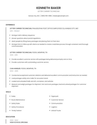 Letter Carrier Technician Resume
