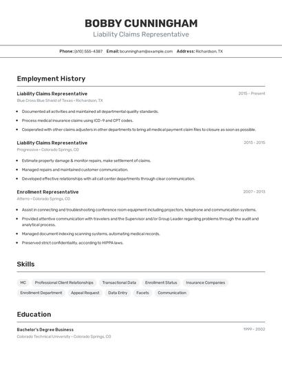 Liability Claims Representative Resume