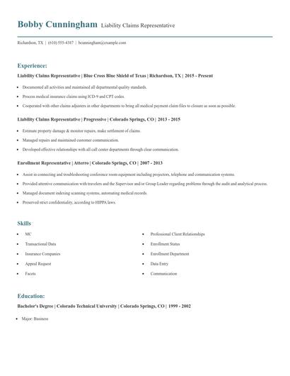 Liability Claims Representative Resume