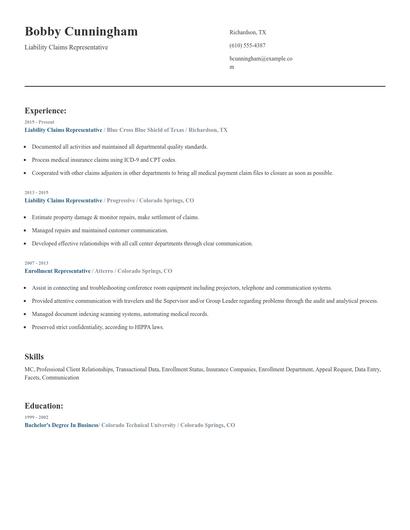 Liability Claims Representative Resume