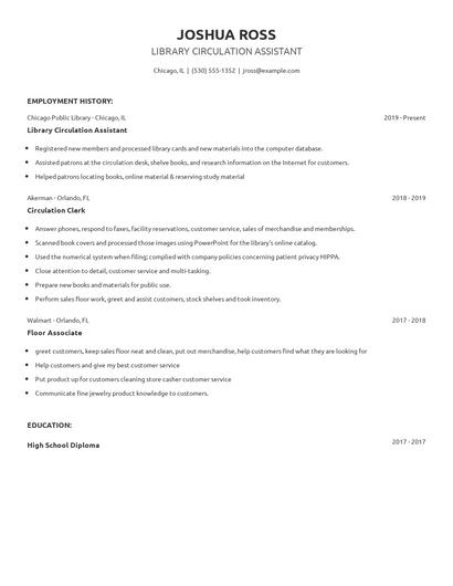 Library Circulation Assistant Resume